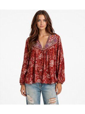 Rachel Zoe Boho Floral Blouse Size M Embroidered Peasant Top Red Orange